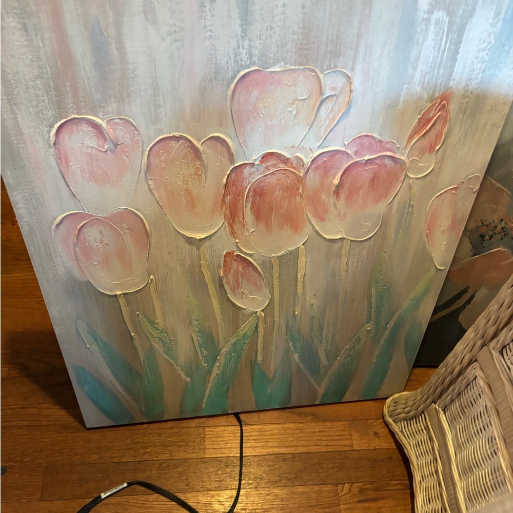 1980s Lee Reynolds Tulip Paintings, a Pair Oil on Canvas Retro Gem Signed - Picture 5 of 12